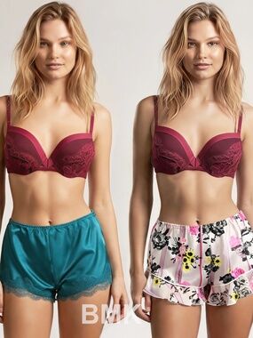 Victoria Secret 2 Sleep Shorts Turquoise Lace trim LOVE Floral Print Pink Small